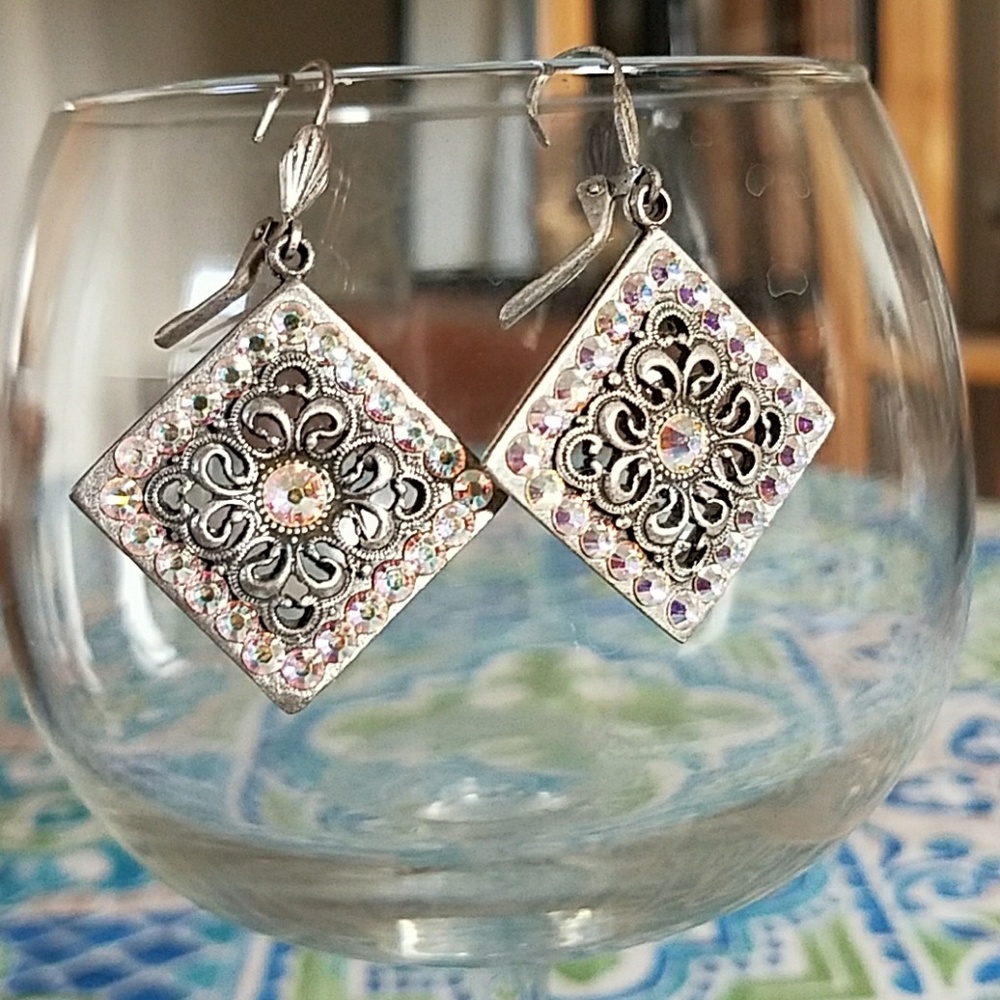 Silver Filigree Diamond Dangle Earrings with Iridescent Accent Stones